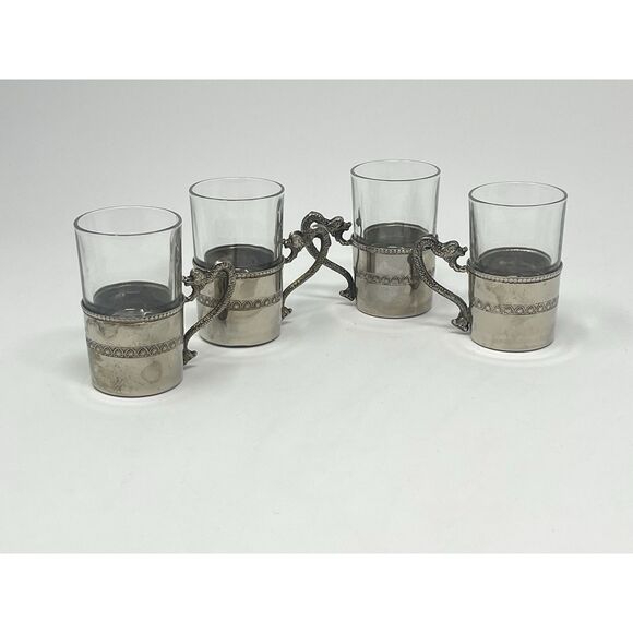Set Of 4 Vintage Espresso Cordial Glasses Silver Plated Dragon Handles Italy - Picture 5 of 7
